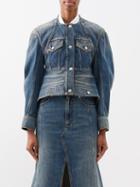 Alexander Mcqueen - Collarless Peplum-hem Denim Jacket - Womens - Mid Blue