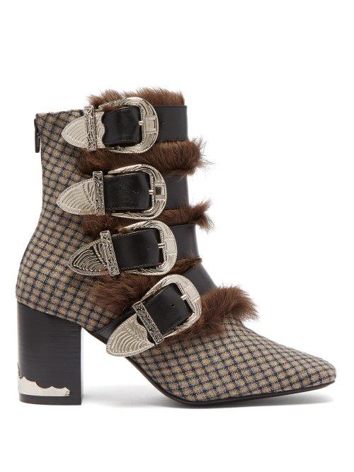 Matchesfashion.com Toga - Buckled Faux Fur Trimmed Wool Ankle Boots - Womens - Grey Multi