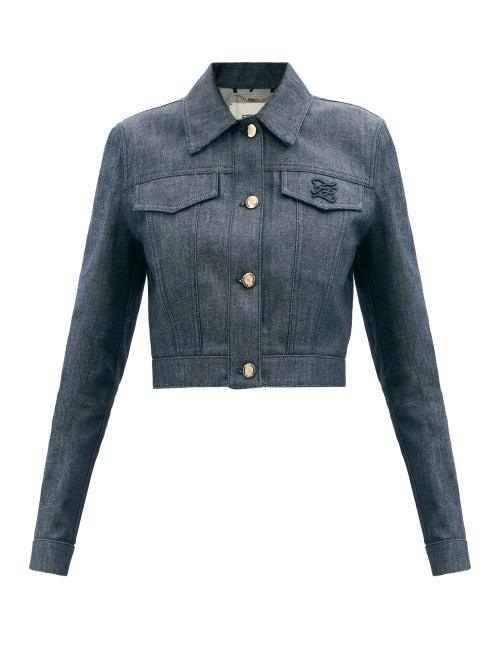 Fendi - Logo-embroidered Cropped Denim Jacket - Womens - Dark Denim