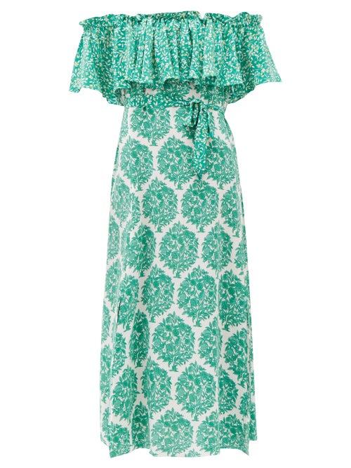 Matchesfashion.com Beulah - Aaasha Floral Print Silk Midi Dress - Womens - Green White