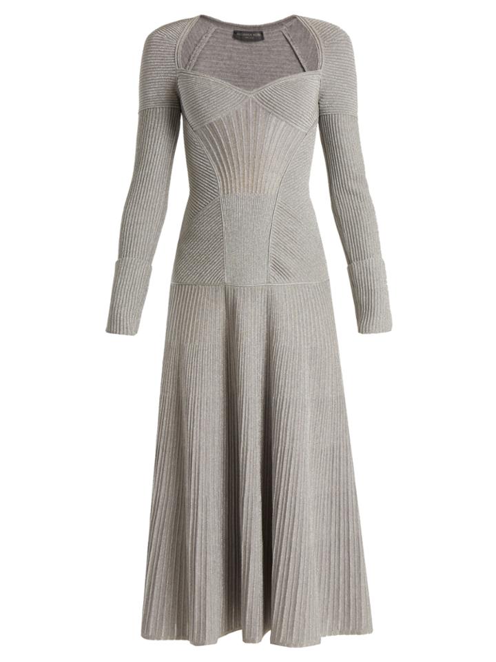 Alexander Mcqueen Sweetheart-neck Long-sleeved Wool-blend Dress