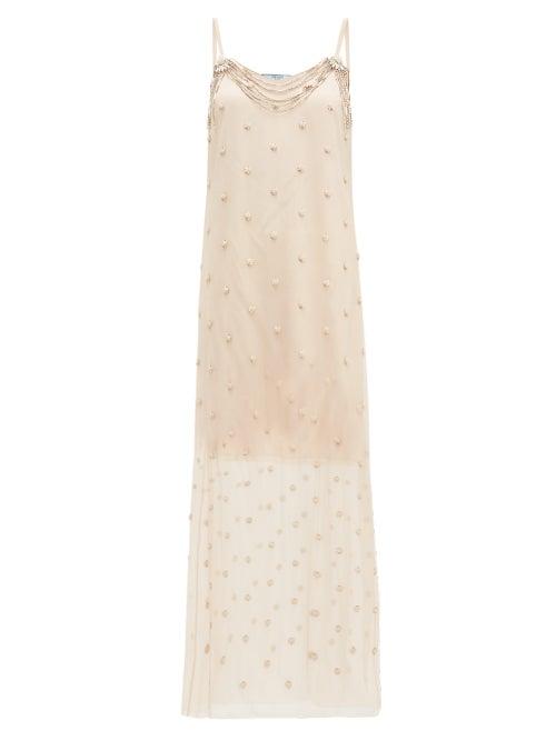 Matchesfashion.com Prada - Crystal Embellished Silk Chiffon Dress - Womens - Beige