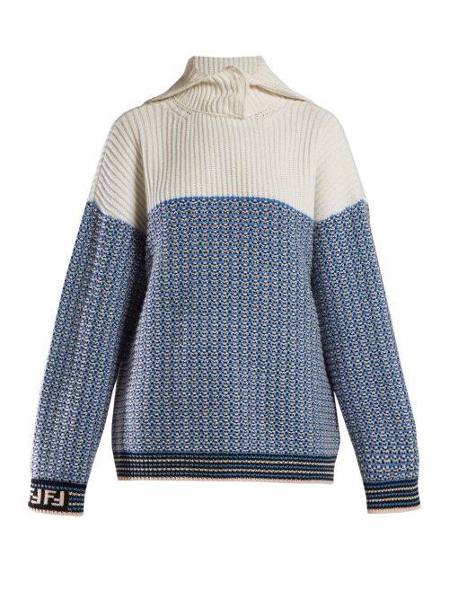 Matchesfashion.com Fendi - Ff Logo Intarsia Wool Sweater - Womens - Blue Multi