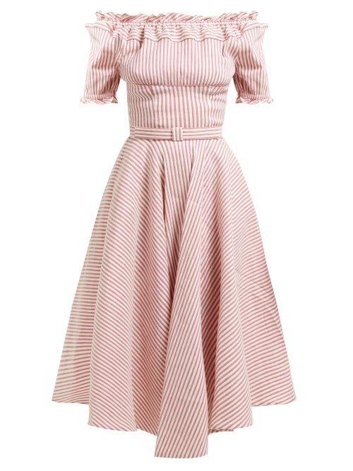 Matchesfashion.com Luisa Beccaria - Striped Off The Shoulder Linen Blend Midi Dress - Womens - Red Stripe