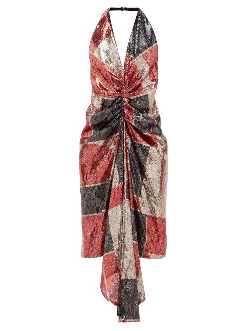 Matchesfashion.com Halpern - Geometric Ruched Sequinned Halterneck Dress - Womens - Red Print