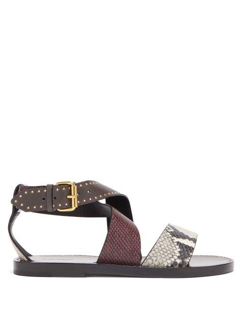 Matchesfashion.com Isabel Marant - Juzee Python Effect Leather Flat Sandals - Womens - Dark Grey