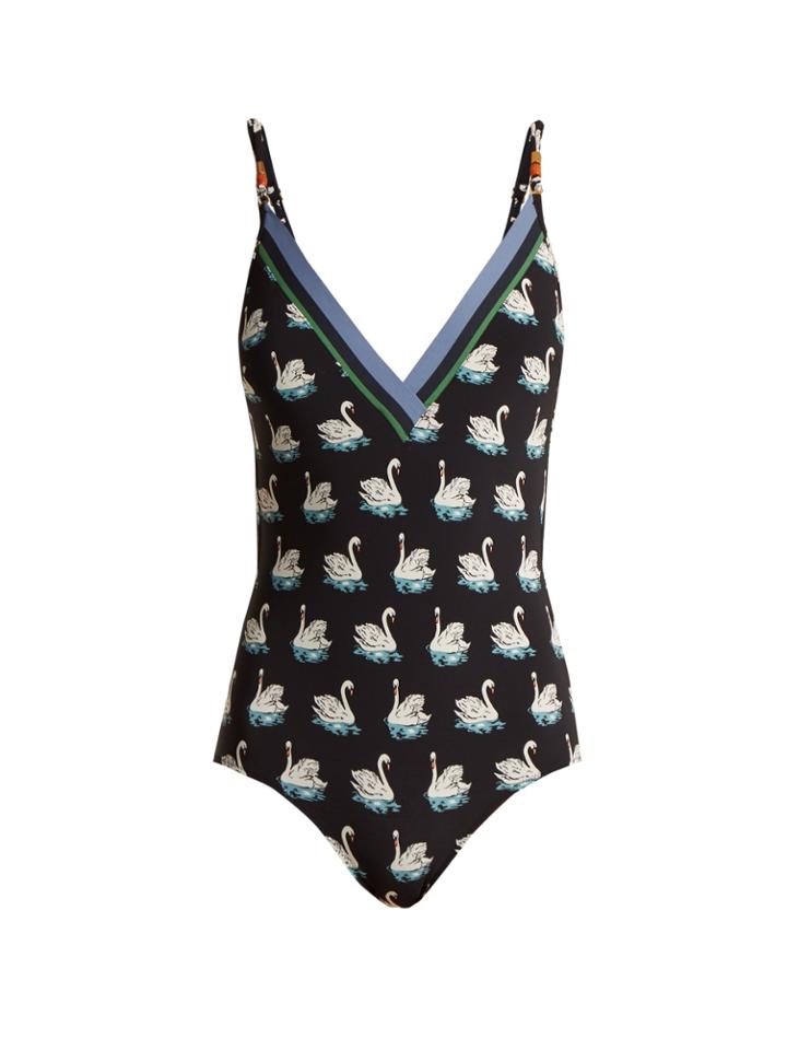Stella Mccartney Swan-print Deep V-neck Swimsuit
