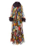 Saint Laurent - Feather-trimmed Floral-print Silk-crepe Gown - Womens - Multi