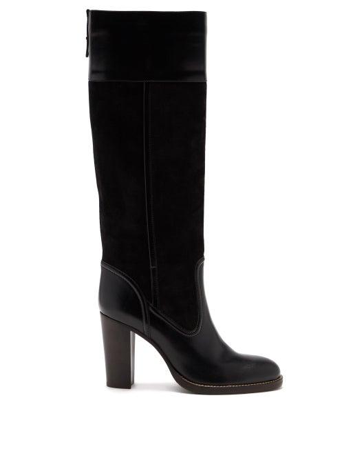 Matchesfashion.com Chlo - Block-heel Stretch-suede And Leather Boots - Womens - Black