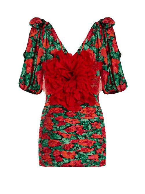 Matchesfashion.com Gucci - Flower Embellished Ruched Silk Mini Dress - Womens - Red Print