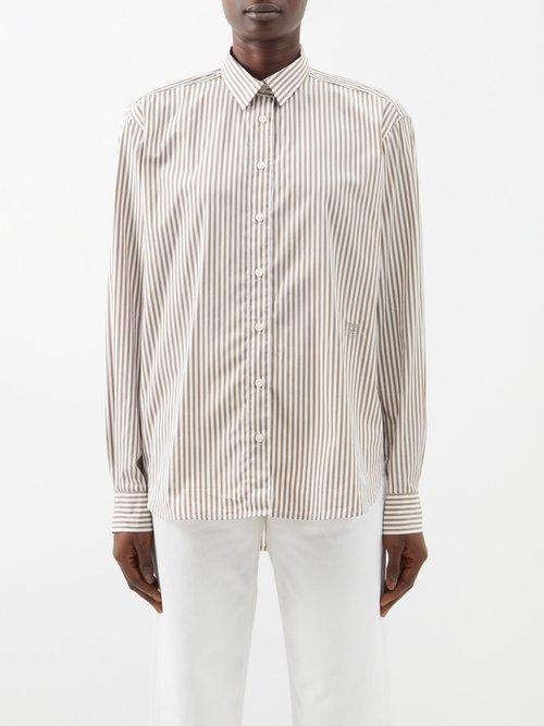 Toteme - Point-collar Striped Organic-cotton Poplin Shirt - Womens - Dark Taupe