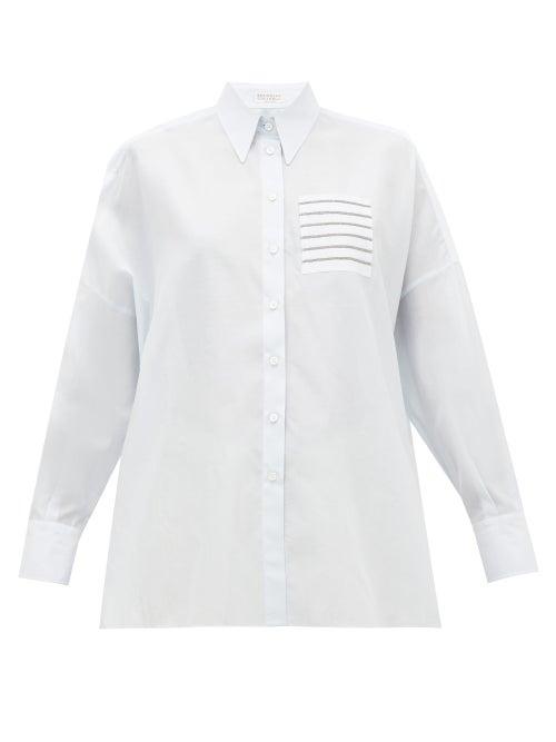 Matchesfashion.com Brunello Cucinelli - Beaded-pocket Cotton And Silk-blend Shirt - Womens - Light Blue