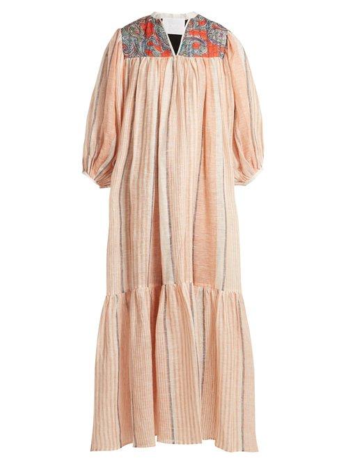 Matchesfashion.com Love Binetti - Paisley Print V Neck Striped Cotton Dress - Womens - Orange