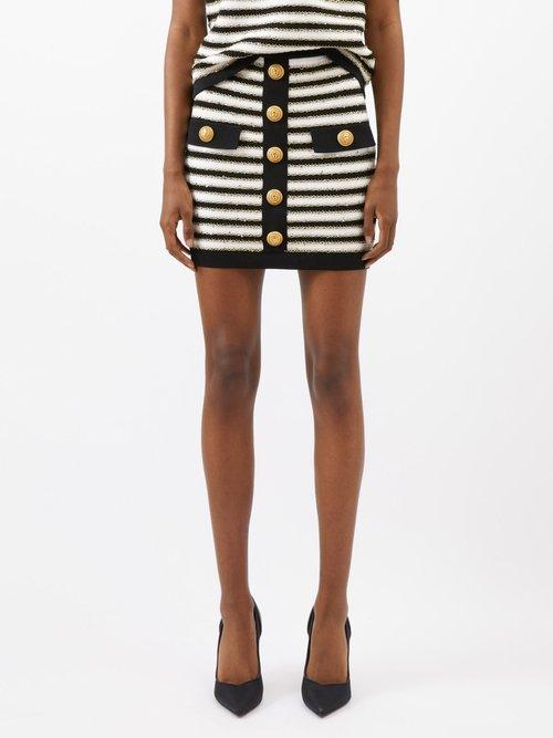 Balmain - Buttoned Sequinned-stripe Knitted Skirt - Womens - Black Stripe