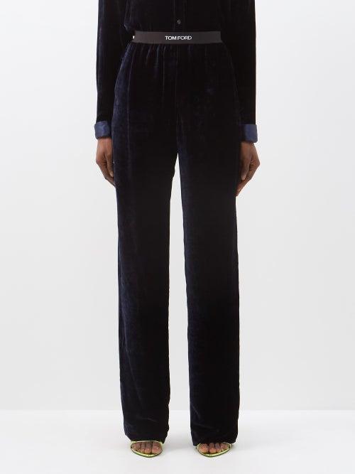 Tom Ford - Logo-jacquard Elasticated Velvet Trousers - Womens - Navy