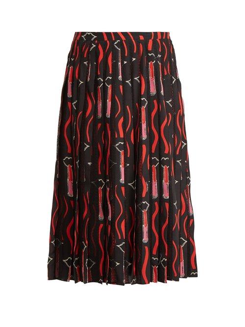 Matchesfashion.com Valentino - Lipstick Print Silk Crepe Midi Skirt - Womens - Black Print