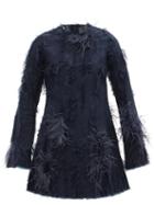 Matchesfashion.com Marques'almeida - Feather-trimmed Distressed Denim Mini Dress - Womens - Dark Denim