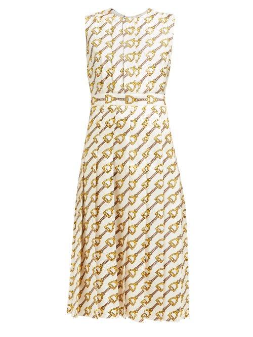 Matchesfashion.com Gucci - Pleated Horsebit Print Silk Faille Dress - Womens - Ivory Multi