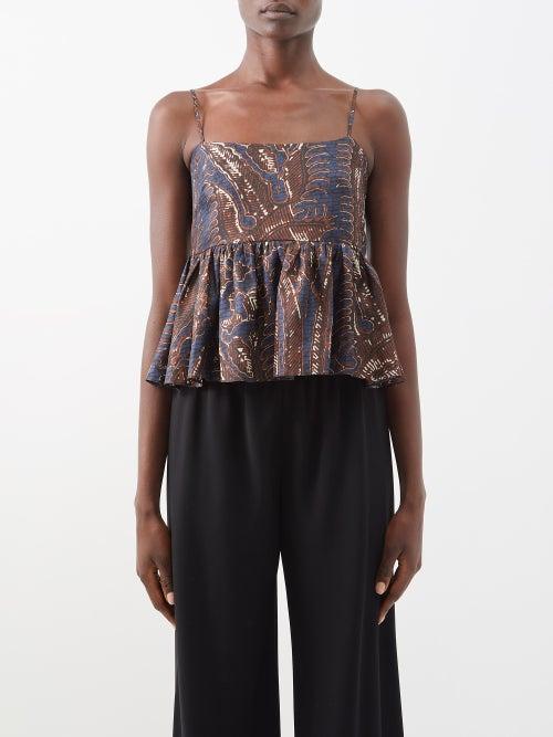 Biyan - Janna Printed-silk Camisole Top - Womens - Navy Brown