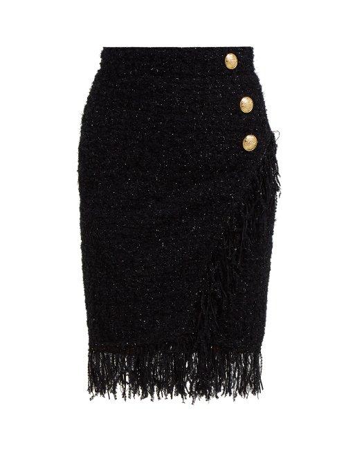 Matchesfashion.com Balmain - Fringed Metallic Tweed Skirt - Womens - Black
