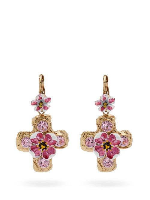 Matchesfashion.com Dolce & Gabbana - Flower And Crystal Embellished Cross Earrings - Womens - Pink