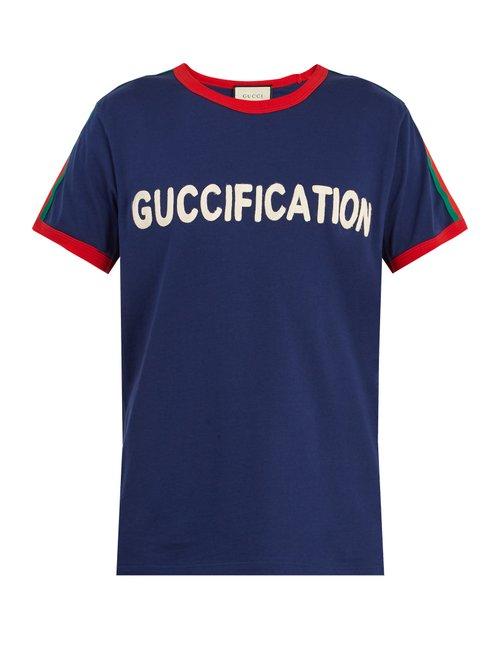 Matchesfashion.com Gucci - Guccification Web Striped Cotton T Shirt - Mens - Blue