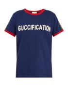 Matchesfashion.com Gucci - Guccification Web Striped Cotton T Shirt - Mens - Blue