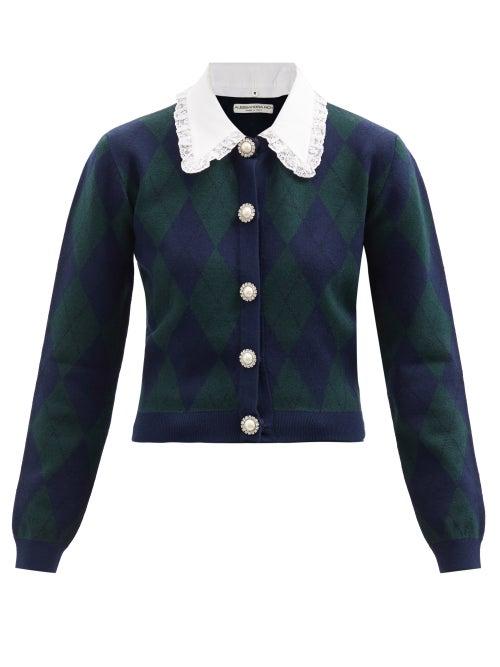 Alessandra Rich - Detachable-collar Argyle Cardigan - Womens - Blue Multi