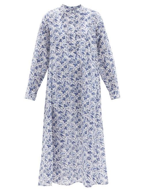Thierry Colson - Victoria Floral-print Cotton-voile Kaftan - Womens - Blue White