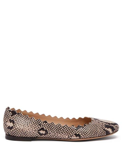 Matchesfashion.com Chlo - Lauren Scallop Edge Snake Effect Leather Flats - Womens - Grey Multi