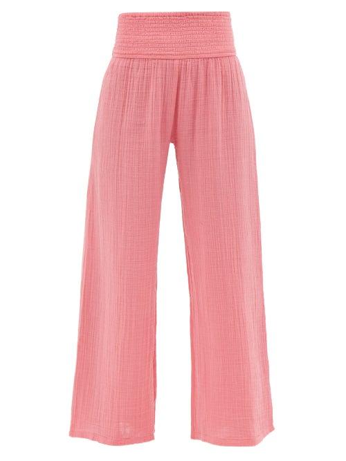 Anaak - Maya Shirred-waist Cotton-muslin Wide-leg Trousers - Womens - Pink
