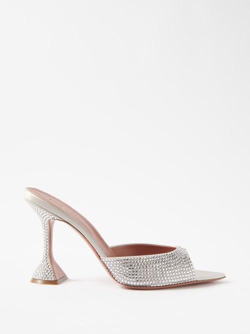 Amina Muaddi - Caroline 95 Crystal-embellished Satin Mules - Womens - Grey Multi