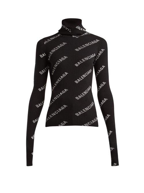 Matchesfashion.com Balenciaga - Logo Ribbed Knit Roll Neck Hooded Sweater - Womens - Black White