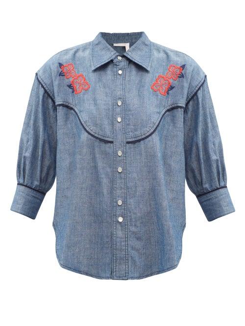 Matchesfashion.com See By Chlo - Floral-embroidered Cotton-chambray Shirt - Womens - Denim