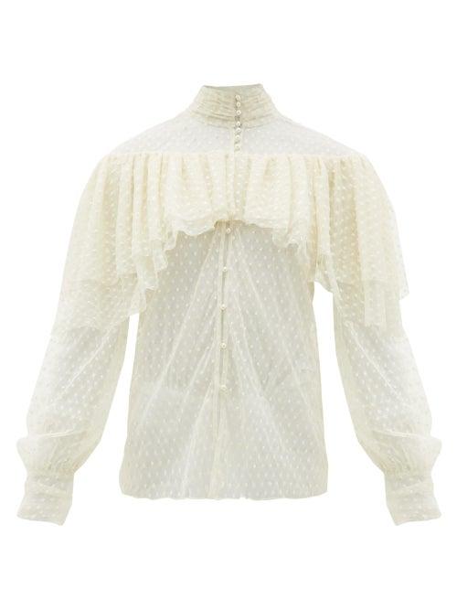 Matchesfashion.com Rodarte - Ruffled Floral-appliqu Swiss-dot Blouse - Womens - White