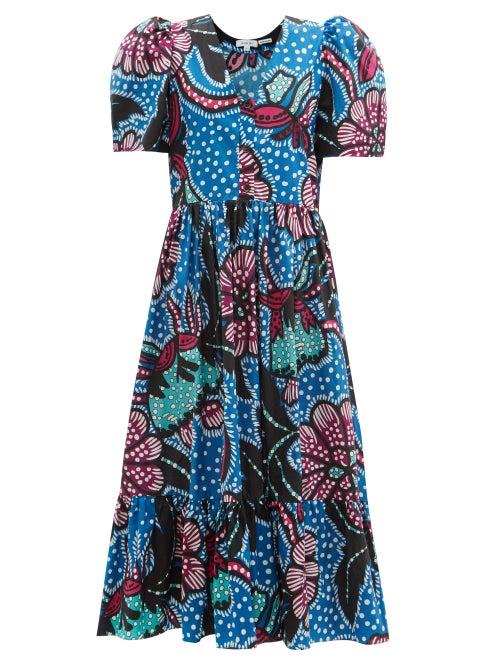 Matchesfashion.com Rhode - Nisha Puff-sleeve Cotton-poplin Midi Dress - Womens - Blue Print