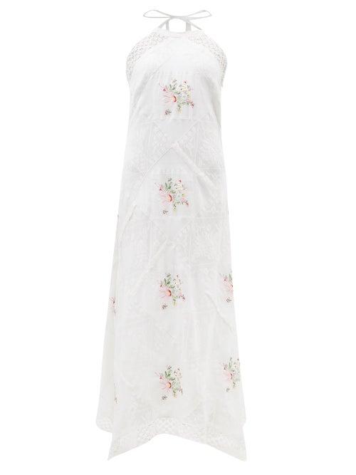 Loveshackfancy - Kamia Halterneck Embroidered-cotton Maxi Dress - Womens - White Multi