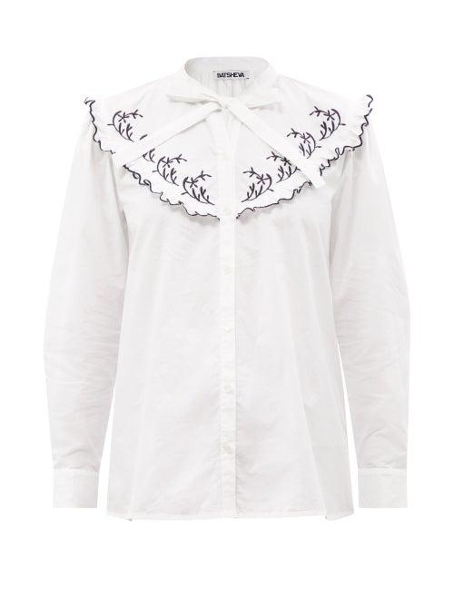 Batsheva - Lena Embroidered-neck Cotton-poplin Blouse - Womens - White