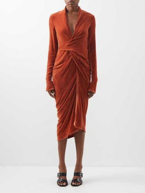 Rick Owens - Gathered Velvet Wrap Dress - Womens - Orange