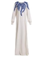 Matchesfashion.com Oscar De La Renta - Fern Embroidered Round Neck Silk Blend Gown - Womens - White Multi