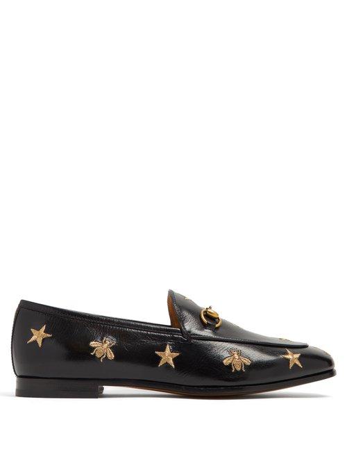 Matchesfashion.com Gucci - Jordaan Embroidered Leather Loafers - Womens - Black Gold