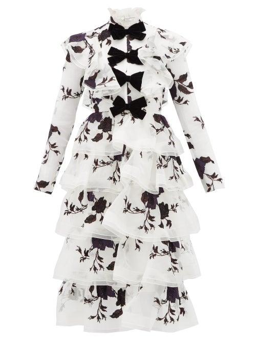 Matchesfashion.com Erdem - Alcina Tiered Floral Embroidery Silk Organza Dress - Womens - Ivory Multi