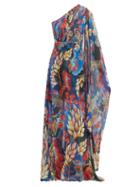 Matchesfashion.com Peter Pilotto - Leaf Print One Shoulder Silk Gown - Womens - Blue Multi