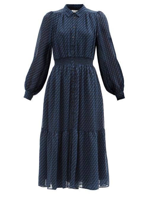 Cefinn - Demi Lips-print Georgette Midi Dress - Womens - Blue Print