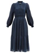 Cefinn - Demi Lips-print Georgette Midi Dress - Womens - Blue Print