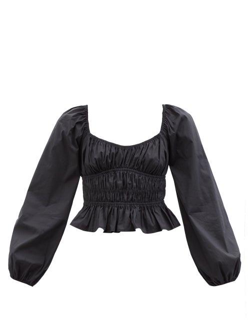 Staud - Jill Ruched Cotton-blend Poplin Blouse - Womens - Black