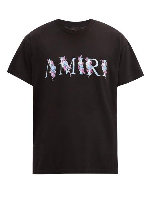 Matchesfashion.com Amiri - Floral Logo-print Cotton-jersey T-shirt - Mens - Black