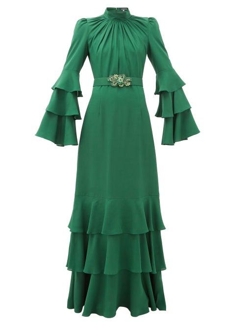 Matchesfashion.com Andrew Gn - Gathered-neck Belted Silk-crepe Gown - Womens - Dark Green