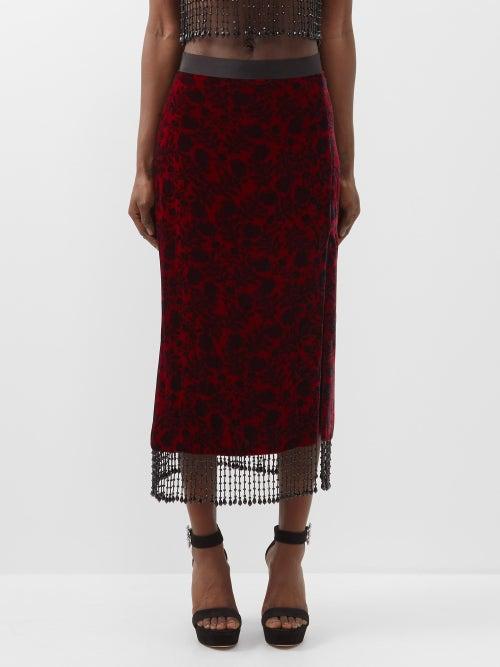 Saloni - Kirsten D Floral-print Beaded Velvet Midi Skirt - Womens - Red Black