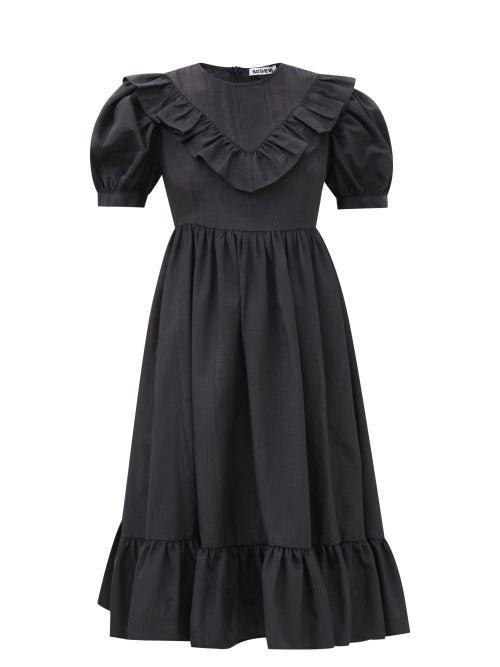 Batsheva - May Flounced Moir Midi Dress - Womens - Black